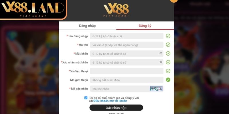 Điền thông tin đăng ký VX88 cá nhân