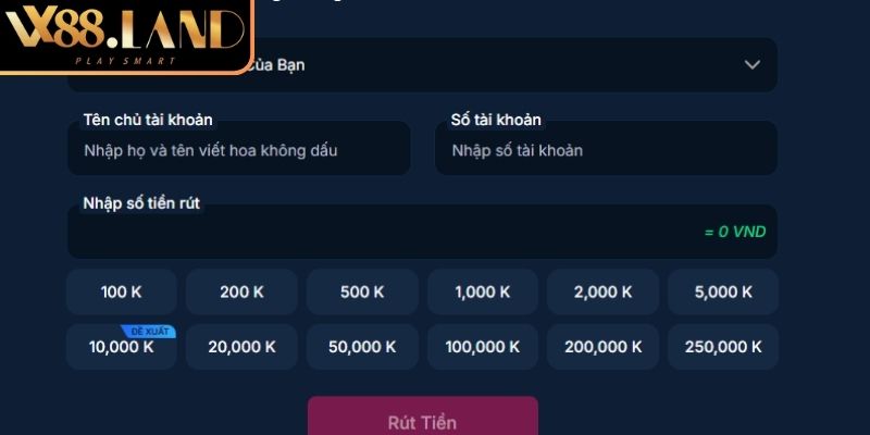 Giao diện chính của rút tiền VX88